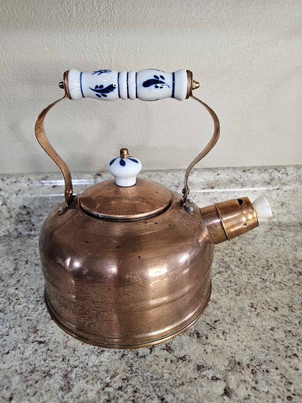 Copper Whistling Kettle with White & Blue Ceramic Handle